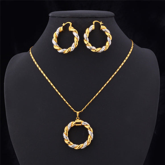 Unique Two Tone Necklace Set For Women Trendy Round Pendant Hoop Earrings